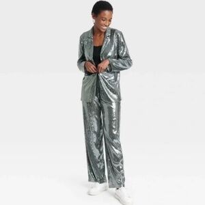 A New Day Matching Sequin Suit Set Blazer Jacket Pants Silver Womens Size Small